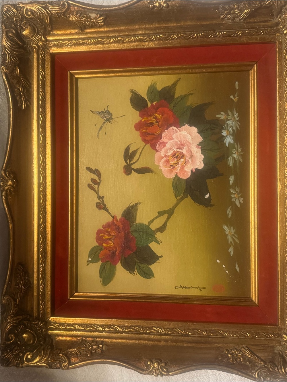 Vintage Asian Inspired Framed Oil painting floral Signed. - Picture 3 of 9